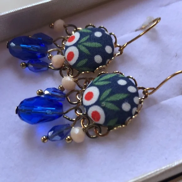 NIB Blue Made in Israel earrings jewel and fabric Gold - Picture 2 of 5